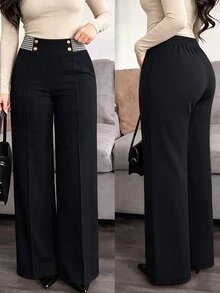 GlowEve CURVE Plus Size Women's Autumn/Winter Minimalist Daily Versatile Commute Business Style Houndstooth Print Patchwork Button Detail Wide Leg Long Pants - Black - View 4