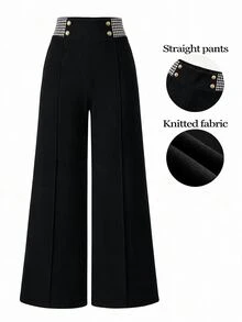 GlowEve CURVE Plus Size Women's Autumn/Winter Minimalist Daily Versatile Commute Business Style Houndstooth Print Patchwork Button Detail Wide Leg Long Pants - Black - View 1
