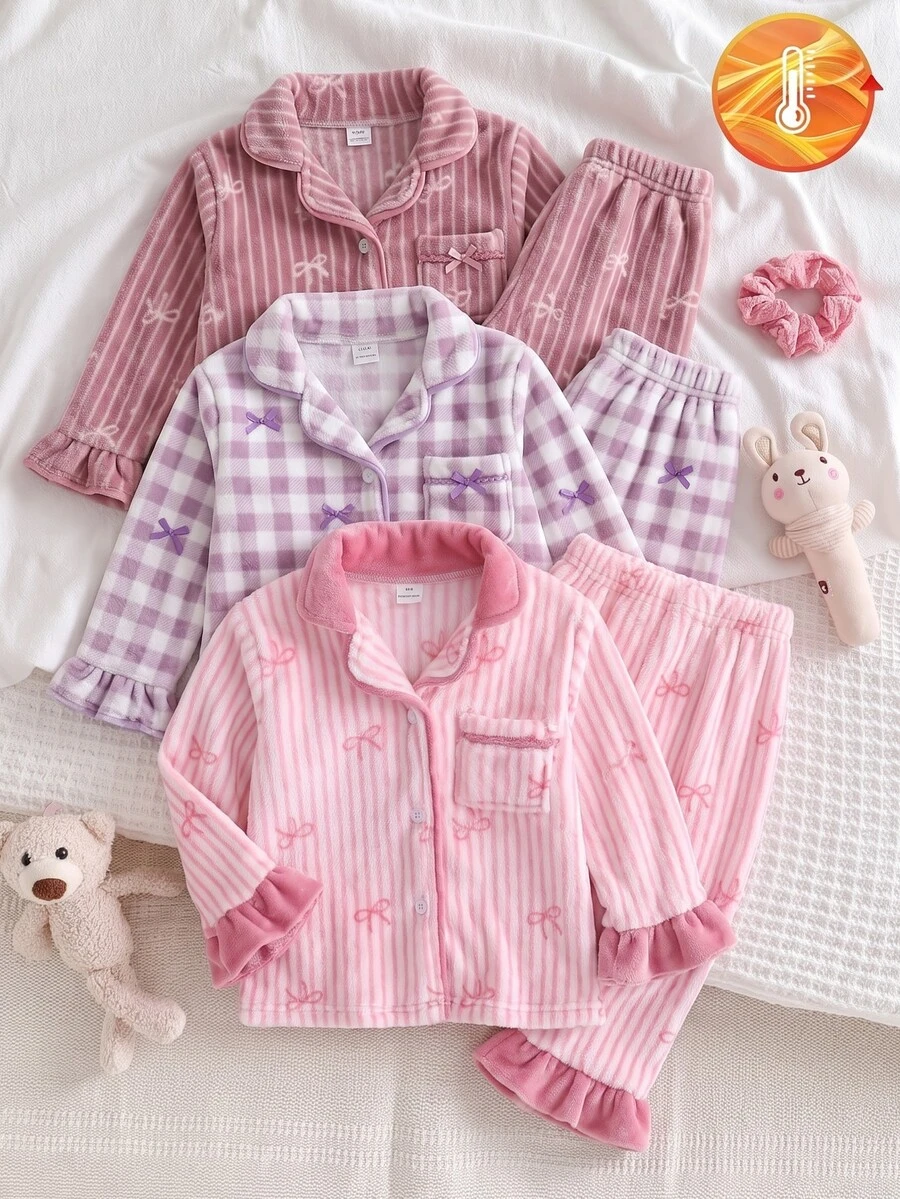 Women's Comfortable Soft Pink Plush Vertical Stripe Bow Pattern Printed Lapel Open Front Cuff Hem Ruffle Trim Pajama Set 2 Pieces - Baby Pink - View 1