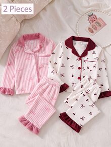 Women's Comfortable Soft Pink Plush Vertical Stripe Bow Pattern Printed Lapel Open Front Cuff Hem Ruffle Trim Pajama Set 2 Pieces - Baby Pink - View 7