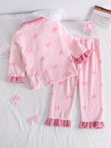 Women's Comfortable Soft Pink Plush Vertical Stripe Bow Pattern Printed Lapel Open Front Cuff Hem Ruffle Trim Pajama Set 2 Pieces - Baby Pink - View 2