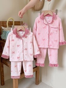 Women's Comfortable Soft Pink Plush Vertical Stripe Bow Pattern Printed Lapel Open Front Cuff Hem Ruffle Trim Pajama Set 2 Pieces - Baby Pink - View 3