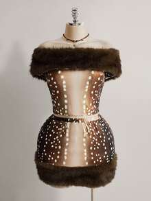SHEIN ICON Plus Size Women's Faux Fur Collar Shoulder Top And Deer Print Mini Skirt Set Winter - Brown - View 3
