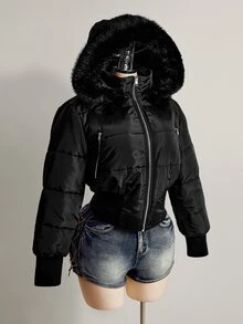 SHEIN ICON 女款大尺碼秋冬復古性感簡約休閒千禧風Y2K街頭保暖毛領連帽黑色收腰加厚外套 - 黑色 - 查看 15