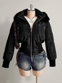 SHEIN ICON 女款大尺碼秋冬復古性感簡約休閒千禧風Y2K街頭保暖毛領連帽黑色收腰加厚外套 - 黑色 - 查看 14