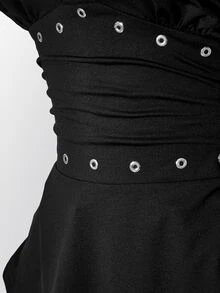 SHEIN ICON Women's Plus Size Autumn/Winter Sexy Simple Casual Millennial Style Y2K Street Style Deep V-Neck Halter Neck Metal Eyelet Black Camisole - Black - View 9