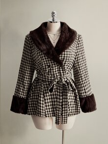 SHEIN ICON Women's Plus Size Fur Collar Patchwork Houndstooth Tweed Jacket - Brown - View 8