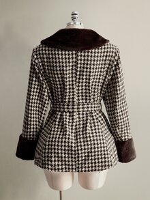 SHEIN ICON Women's Plus Size Fur Collar Patchwork Houndstooth Tweed Jacket - Brown - View 5