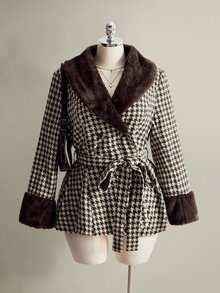 SHEIN ICON Women's Plus Size Fur Collar Patchwork Houndstooth Tweed Jacket - Brown - View 2