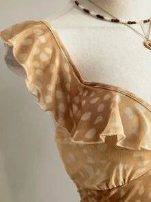 SHEIN ICON 女款大尺碼鹿花紋荷葉邊下擺洋裝聖誕款 - 棕色 - 查看 3