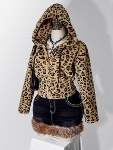 SHEIN ICON Women's Plus Size Leopard Print Flannel Hooded Sweatshirt Winter - Brown - View 2