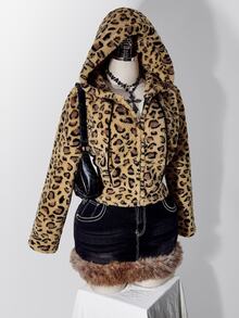 SHEIN ICON Women's Plus Size Leopard Print Flannel Hooded Sweatshirt Winter - Brown - View 6