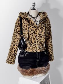 SHEIN ICON Women's Plus Size Leopard Print Flannel Hooded Sweatshirt Winter - Brown - View 3