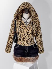 SHEIN ICON Women's Plus Size Leopard Print Flannel Hooded Sweatshirt Winter - Brown - View 12