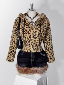 SHEIN ICON Women's Plus Size Leopard Print Flannel Hooded Sweatshirt Winter - Brown - View 14