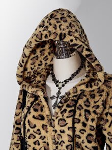 SHEIN ICON Women's Plus Size Leopard Print Flannel Hooded Sweatshirt Winter - Brown - View 13