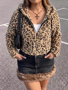 SHEIN ICON Women's Plus Size Leopard Print Flannel Hooded Sweatshirt Winter - Brown - View 1