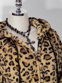 SHEIN ICON Women's Plus Size Leopard Print Flannel Hooded Sweatshirt Winter - Brown - View 11
