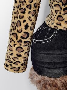 SHEIN ICON Women's Plus Size Leopard Print Flannel Hooded Sweatshirt Winter - Brown - View 9