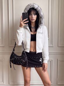 CHAOSSORY CHAOSSORY Y2K Streetwear Rhinestone Detail Women's Letter Pattern Casual Daily Plush Patchwork Sweatshirt Travel All White Black Fall - White - View 6