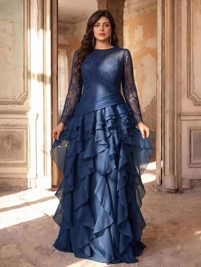 Aureia Vestido elegante y romántico de talla grande para mujer con manga larga, cuello redondo, patchwork de encaje azul marino y bajo con volantes de organza