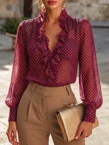 SHEIN Women's Fitted Elegant Blouse With Ruffle Front Design Dinner Office Black And White Polka Dot Autumn - Red - View 4
