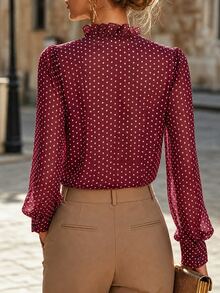SHEIN Women's Fitted Elegant Blouse With Ruffle Front Design Dinner Office Black And White Polka Dot Autumn - Red - View 2
