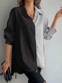 Omancia Women's Casual Colorblock Striped Asymmetrical Hem Blouse, Spring/Fall Women Shirt - Black - View 4