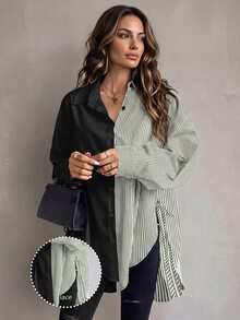 Omancia Women's Casual Colorblock Striped Asymmetrical Hem Blouse, Spring/Fall Women Shirt - Black - View 1