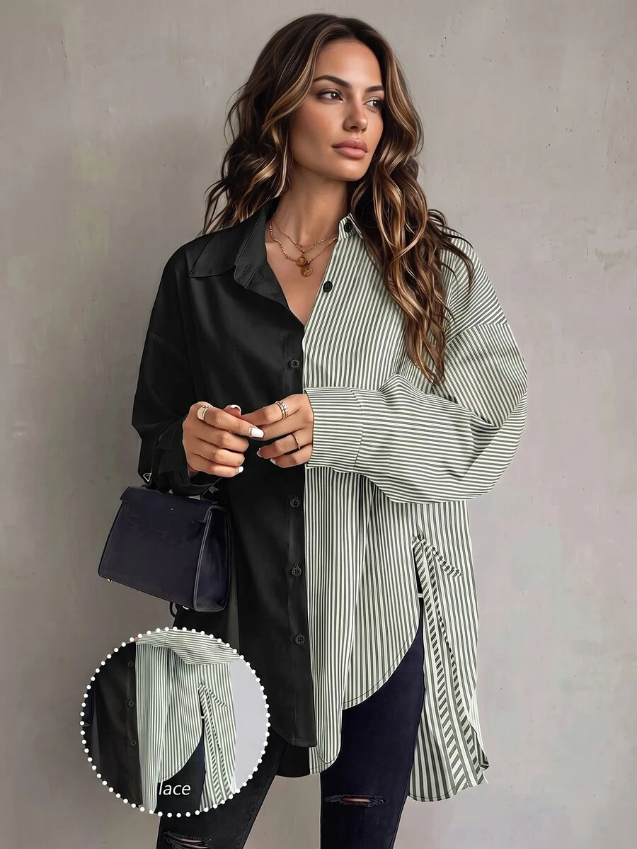 Omancia Women's Casual Colorblock Striped Asymmetrical Hem Blouse, Spring/Fall Women Shirt - Black - View 1