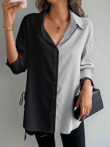 Omancia Women's Casual Colorblock Striped Asymmetrical Hem Blouse, Spring/Fall Women Shirt - Black - View 6