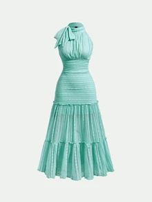 Skyraze Women's Elegant Solid Color Lace Halter Dress, Summer - Mint Green - View 3