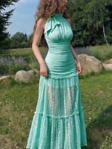 Skyraze Women's Elegant Solid Color Lace Halter Dress, Summer - Mint Green - View 2