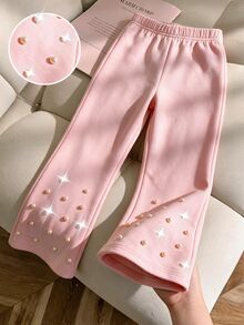 SHEIN Young Girls Sweet Pearl Beaded Flare Thick Fleece Lined Pink Pants, School Daily Christmas Holiday Party Gift, Winter Casual Soft Outfits - Pink - View 4