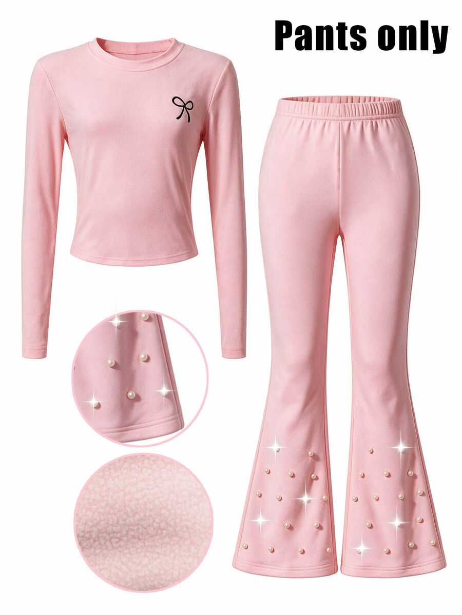 SHEIN Young Girls Sweet Pearl Beaded Flare Thick Fleece Lined Pink Pants, School Daily Christmas Holiday Party Gift, Winter Casual Soft Outfits - Pink - View 1