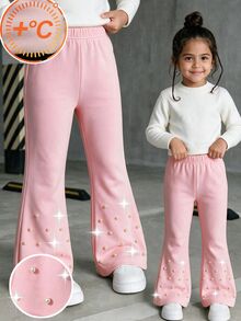 SHEIN Young Girls Sweet Pearl Beaded Flare Thick Fleece Lined Pink Pants, School Daily Christmas Holiday Party Gift, Winter Casual Soft Outfits - Pink - View 5