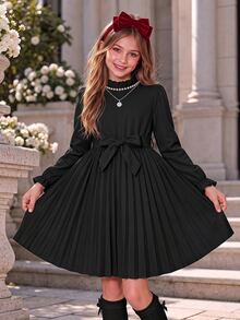 SHEIN Tween Girls Black Pleated Long Sleeve Dress Gothic Modest Elegant Halloween Mock Neck Belted Midi A Line Flounce Cuff Fall Winter School Formal Party - Black - View 1