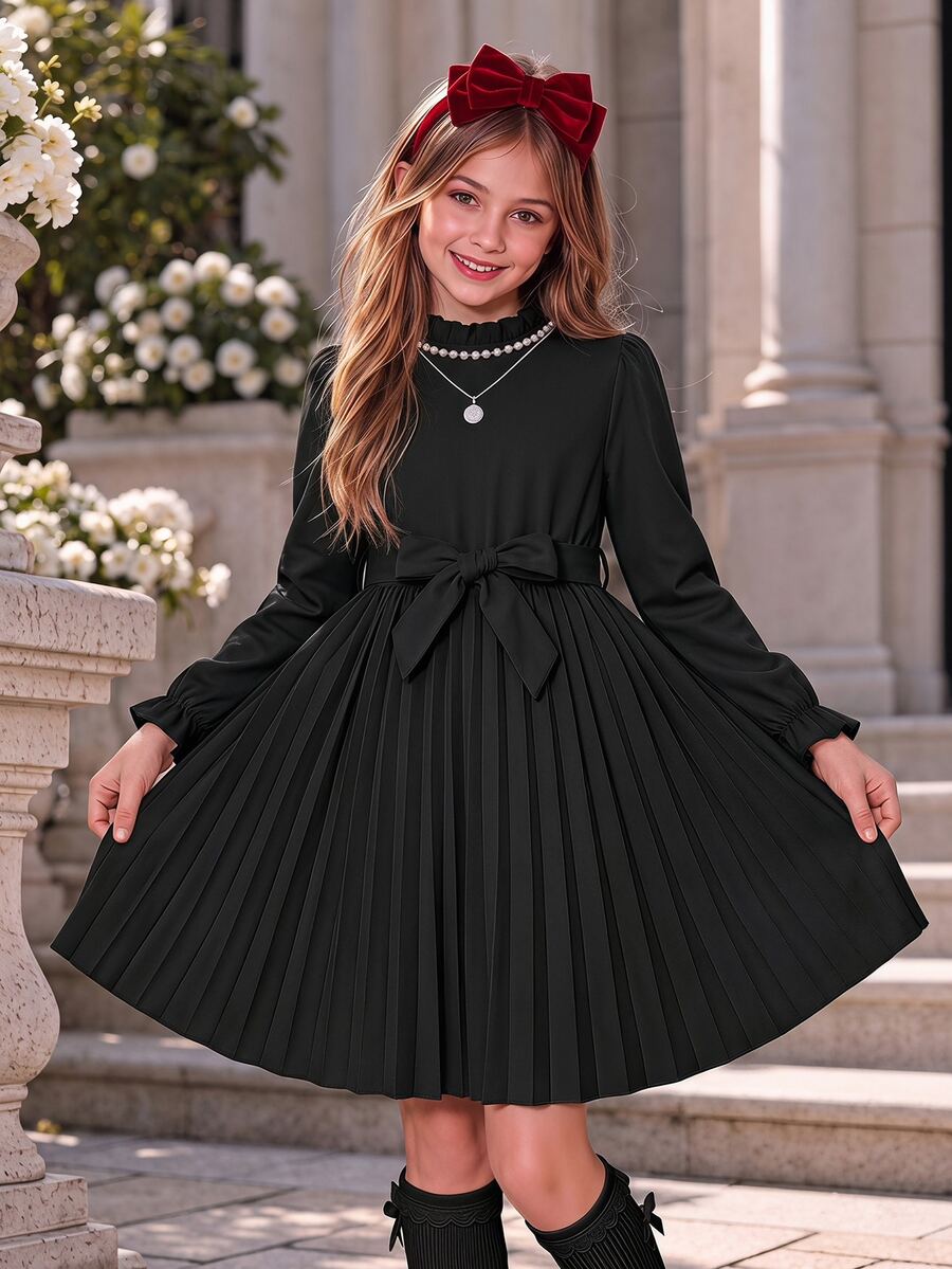 SHEIN Tween Girls Black Pleated Long Sleeve Dress Gothic Modest Elegant Halloween Mock Neck Belted Midi A Line Flounce Cuff Fall Winter School Formal Party - Black - View 1