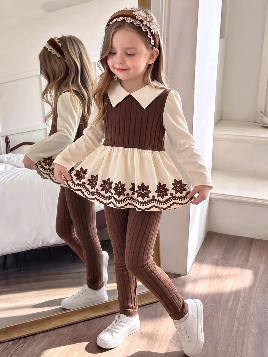 SHEIN Young Girls Vintage Floral Print Fake Two Pieces Lapel Top And Ribbed Knit Pants Set Cute Brown Long Sleeve Blouse Trousers Autumn Outfits - Brown - View 1