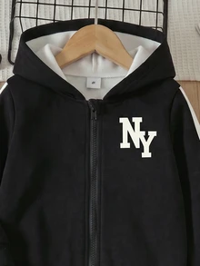 2件組男童休閒外套套裝，黑白配色 NY 字母條紋長袖連帽拉鍊抓絨外套，適合六年級學生，秋冬季穿著 - 彩色 - 查看 9