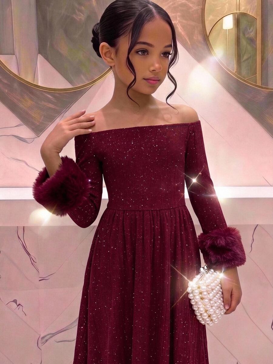 SHEIN 青少年女孩秋冬款毛絨袖口方領簡約休閒保暖內裡加厚日常派對節日聖誕洋裝 - 酒紅色 - 查看 1