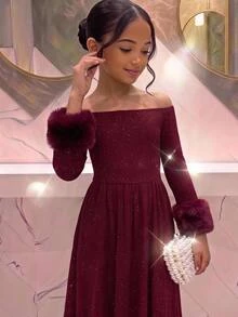 SHEIN 青少年女孩秋冬款毛絨袖口方領簡約休閒保暖內裡加厚日常派對節日聖誕洋裝 - 酒紅色 - 查看 4