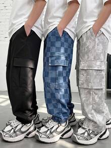 Young Boys Pants Street Baby Blue Plaid Checkerboard Loose Fit Jogger Cargo Pockets Elastic Waistband School Fall Back To School - Multicolor - View 1