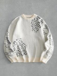 ROMWE MEN Men Leopard & Script Graphic Crew Neck Knit Sweater, Drop Shoulder Contrast Streetwear Pullover - White - View 1