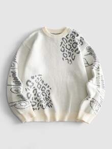 ROMWE MEN Men Leopard & Script Graphic Crew Neck Knit Sweater, Drop Shoulder Contrast Streetwear Pullover - White - View 7