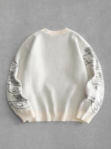 ROMWE MEN Men Leopard & Script Graphic Crew Neck Knit Sweater, Drop Shoulder Contrast Streetwear Pullover - White - View 2