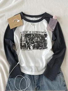 SHEIN Tween Girls Raglan Sleeve Print Pullover T-Shirt, Vintage Soft Comfortable Casual Everyday Versatile - White - View 6
