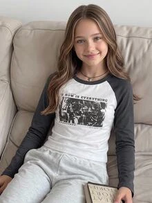 SHEIN Tween Girls Raglan Sleeve Print Pullover T-Shirt, Vintage Soft Comfortable Casual Everyday Versatile - White - View 1