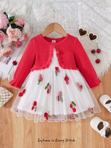Cozy Pixies Baby Girl Casual Comfortable Daily Versatile Red Long Sleeve Patchwork White Tulle Autumn Dress - Multicolor - View 3