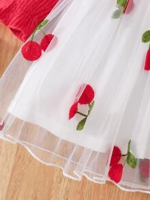 Cozy Pixies Baby Girl Casual Comfortable Daily Versatile Red Long Sleeve Patchwork White Tulle Autumn Dress - Multicolor - View 6